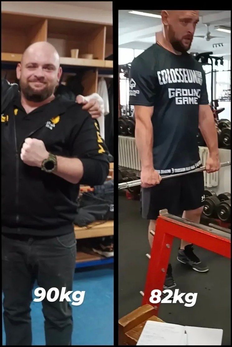 Premena klienta: −8 kg za 3 mesiace (Mišo · 90 → 82 kg) – pred a po