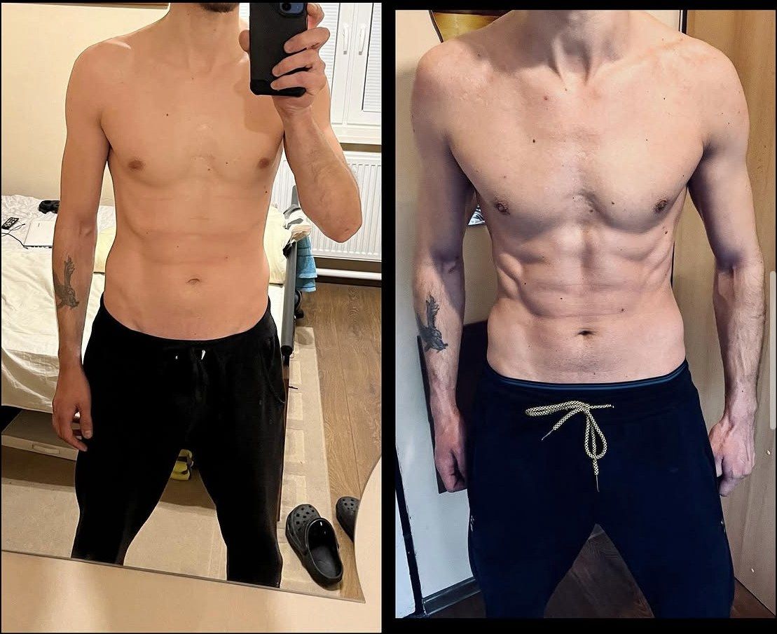 Premena klienta: Recompozícia za 4 mesiace (Kamil · +2 kg na váhe) – pred a po